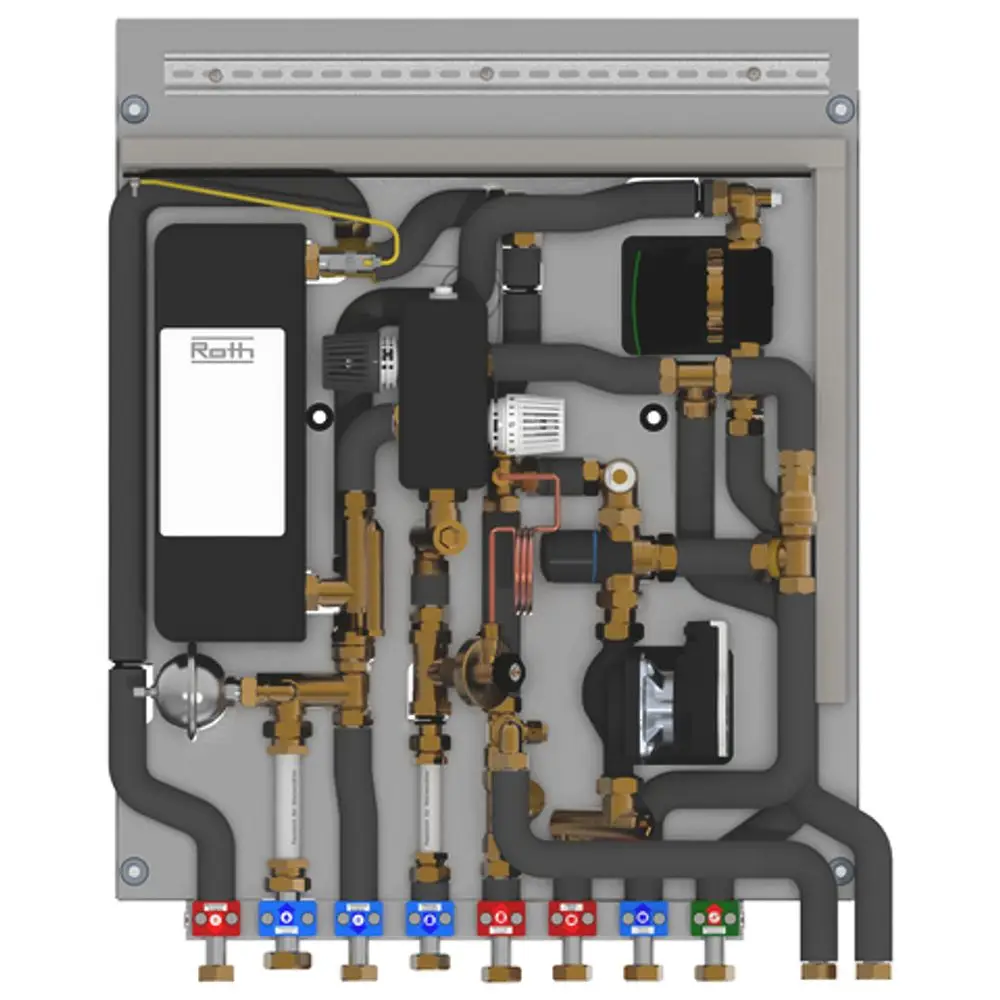 Roth Wohnungsstation mit sichtbaren Rohrleitungen, Ventilen und Anschlüssen, integriert in einer Montageplatte. Robust und funktional gestaltet für Heizungsanwendungen.